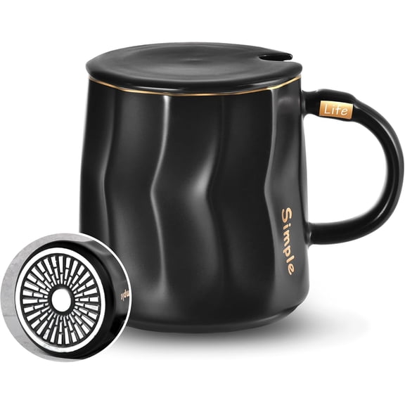 Flat Bottom Coffee Mug, 13.5 oz Ceramic Tea Cup with Lid, Best Match Mug Warmer, Coffee Cup Gold Trim and Word Design for Office and Home Gift, Black