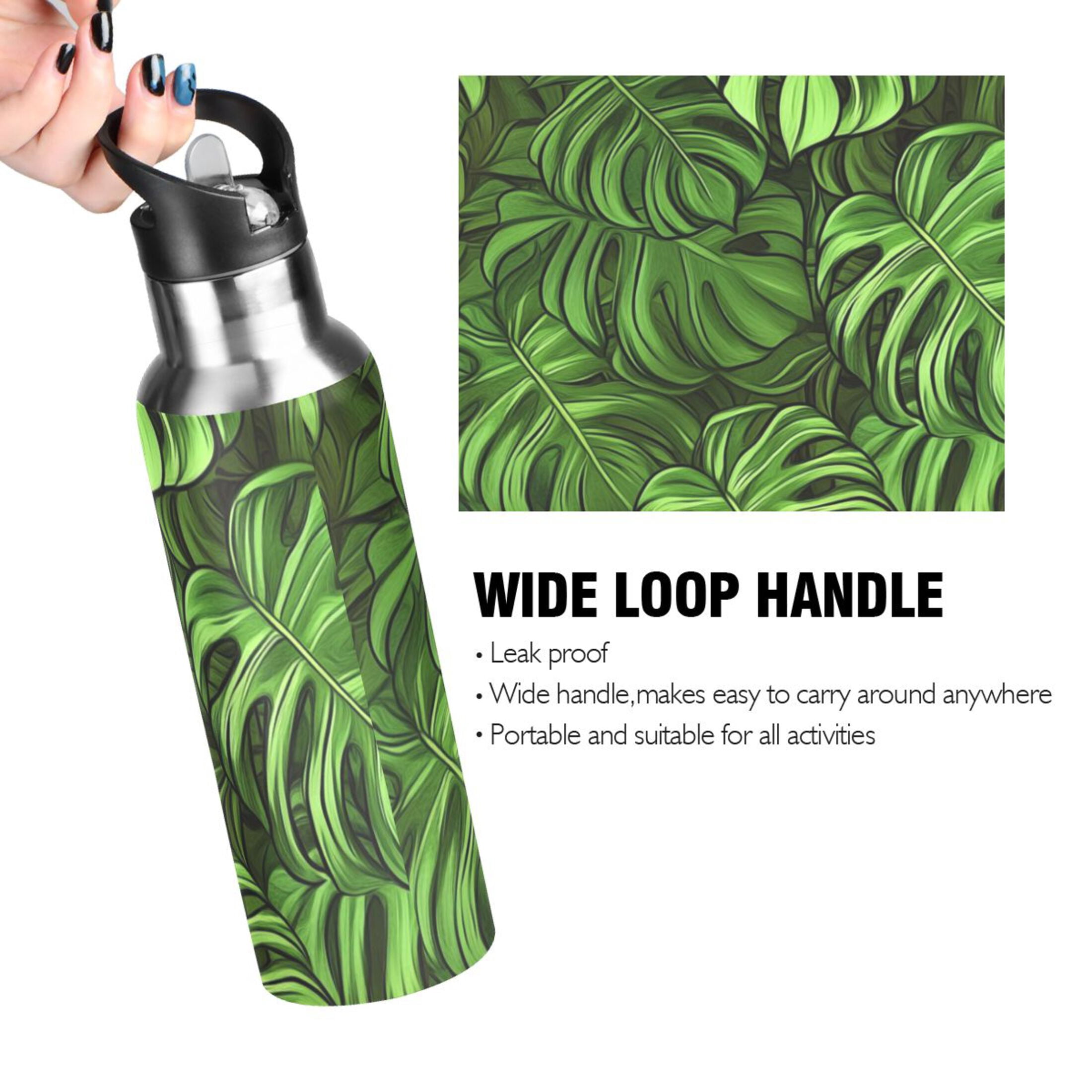 Green Monstera Leaves Sports Bottle with Straw Stainless Steel Water Jug Portable Thermal Cup Leak-proof 1000ML