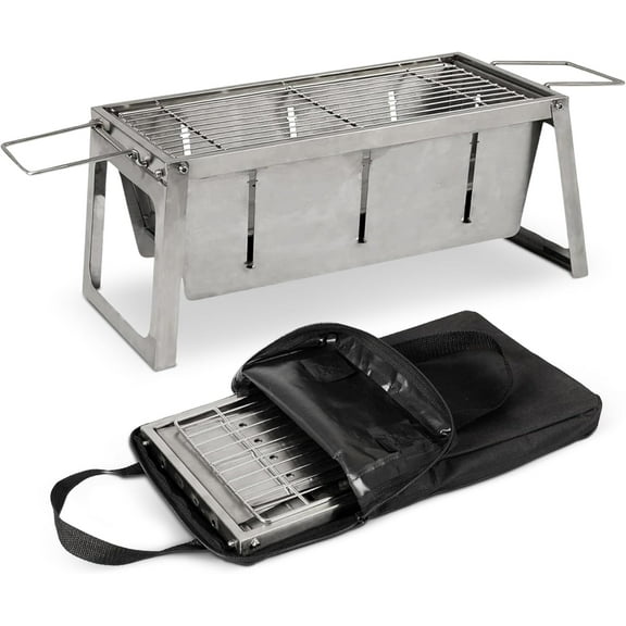 Portable Stainless Steel Charcoal Grill - Foldaway Design for Outdoor BBQs, Camping, Tailgating & Travel - Durable Construction with Charcoal Grate & Carry Bag Included.