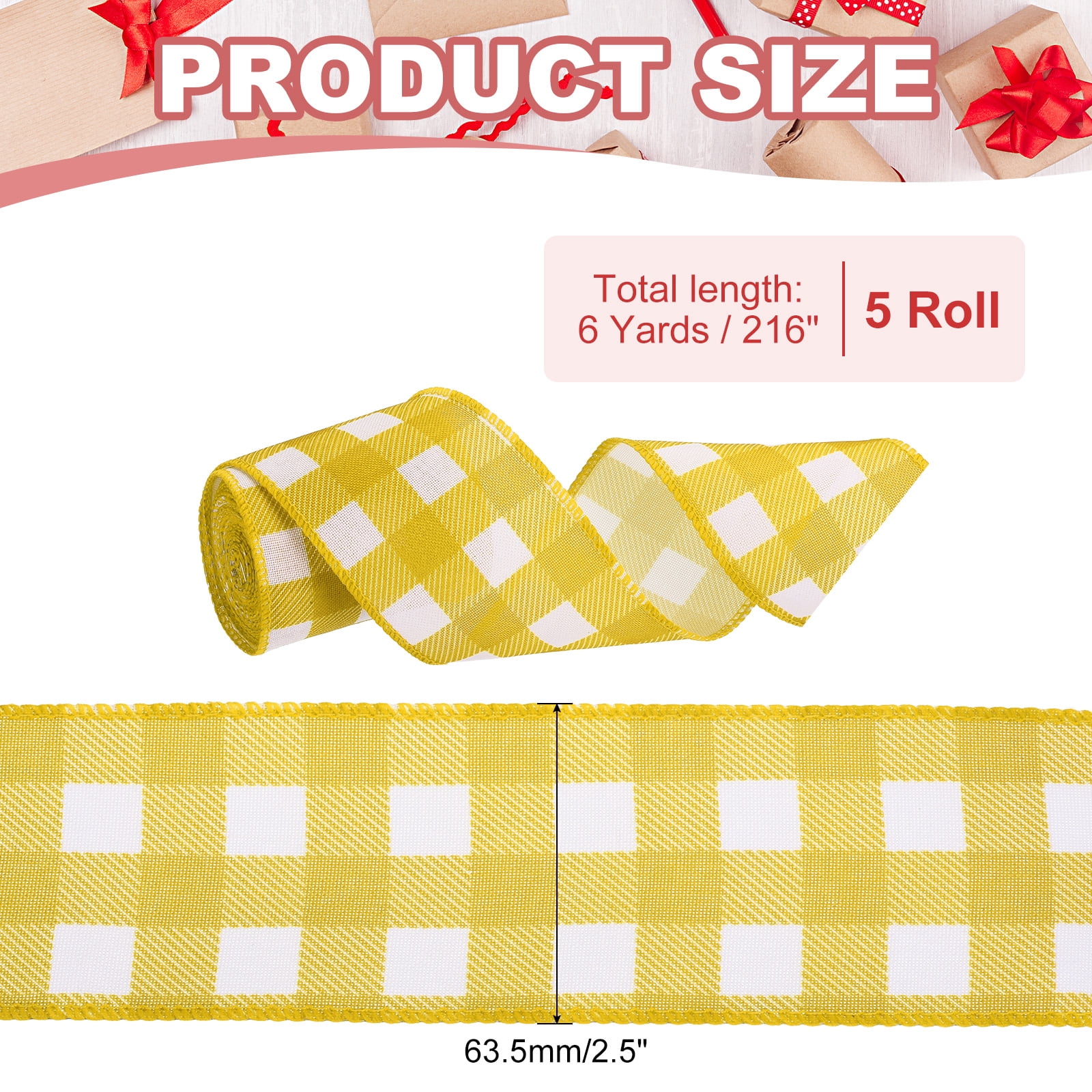Uxcell 30 Yards x 2.5" Buffalo Plaid Ribbon, Yellow and White Gingham Ribbon for Thanksgiving Bow Wreath Craft