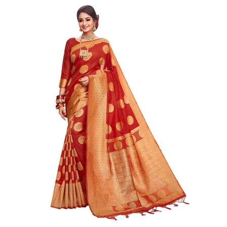 Sarees for Women Banarasi Art Silk l Tradional Indian Wedding Diwali Gift Sari with Unstitched Blouse Red