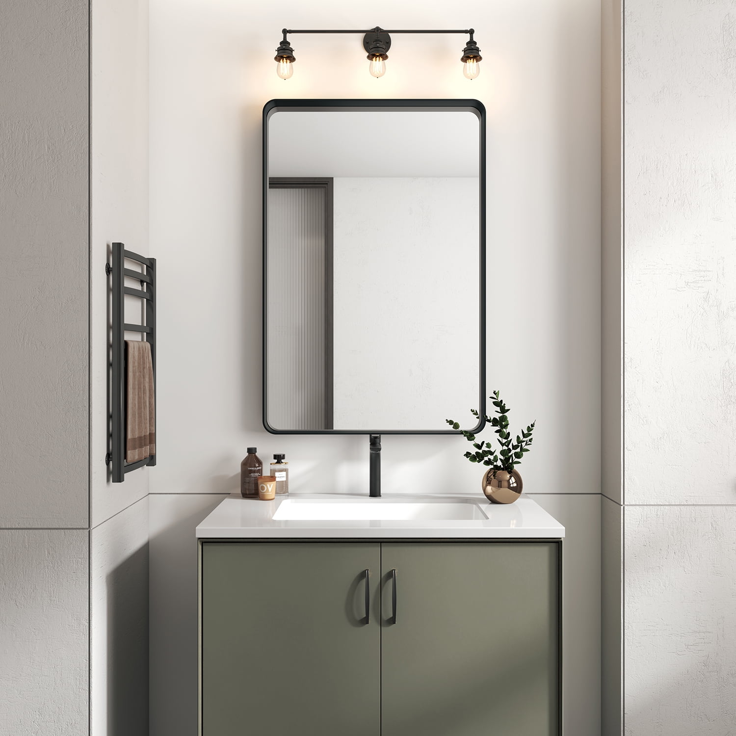 36x24 inch Modern Black Frame Bathroom Mirror for Wall, Rectangle Round