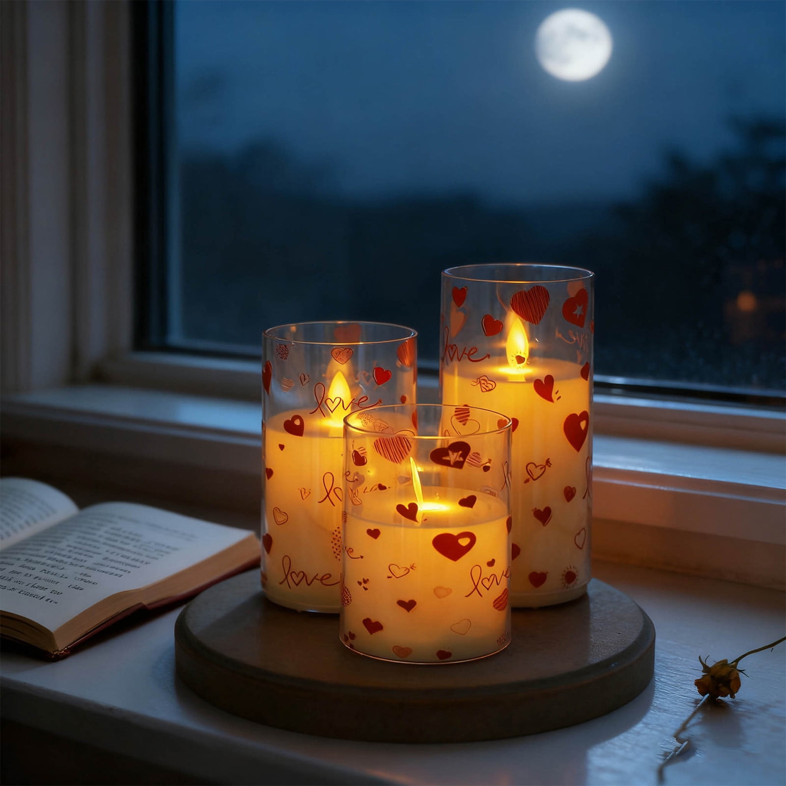 Heart Shape Electronic Flameless Candle With Flickering Wick Set Of 3 Battery Operated Indoor Outdoor Wedding Anniversary Decoration Ambient Light 6Inch