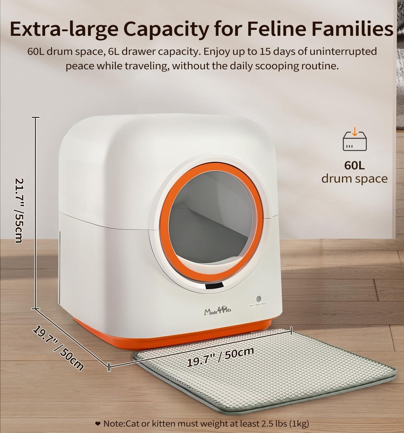 Self-Cleaning Litter Box 60L with Automatic App Control Odor-Eliminating PIR Motion Sensors and Includes Waste Bags for Multiple Cats