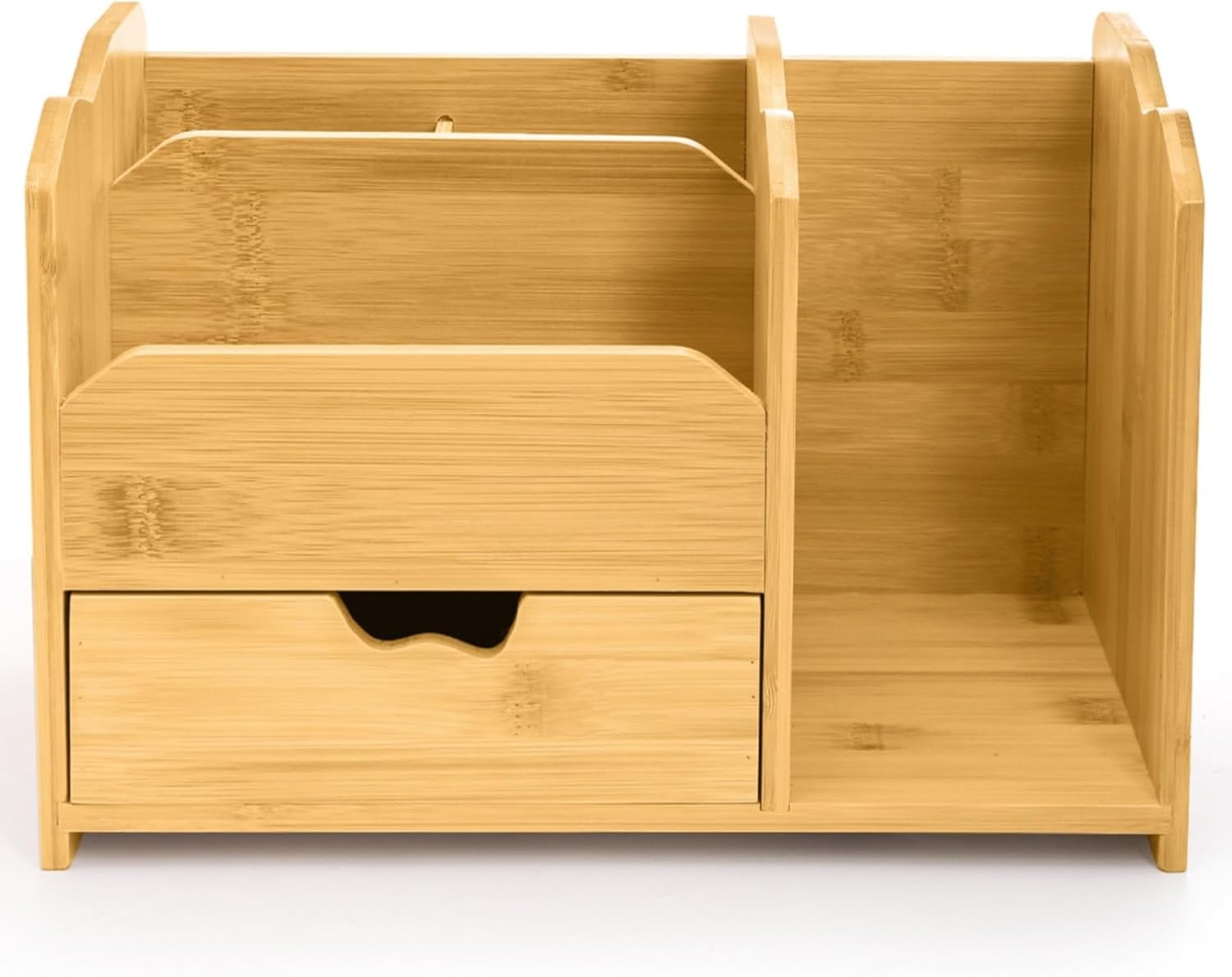 Bamboo Desk Organizer, Multi Use Tabletop Storage Office Supplies with Drawer Pen Holder, 5 Compartments Heavy Duty Desk Accessories for Home Office Organization, No Assembly Required