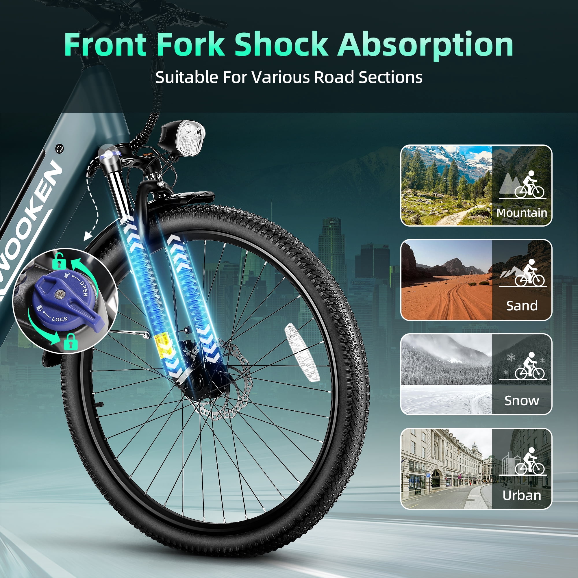 WOOKEN Electric Bike for Adults ,48V 10.4Ah Removable Battery and up to 50Miles 19.8MPH, 26" x 2.1" Electric Commuter Bike with 7-Speed and Front Suspension, UL 2849