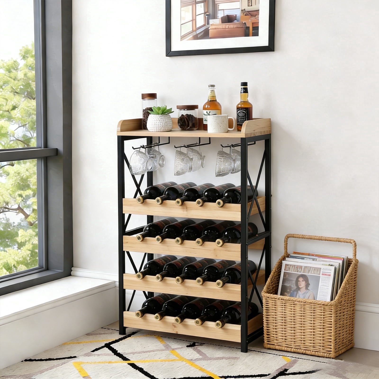 KATHY&BOB 5-Tier Freestanding Solid Wood Wine Rack, Modern Wine Cabinet for 20 Bottles, Freestanding Wine Storage Shelf with Wobble-Free Countertop & Wine Glass Holder