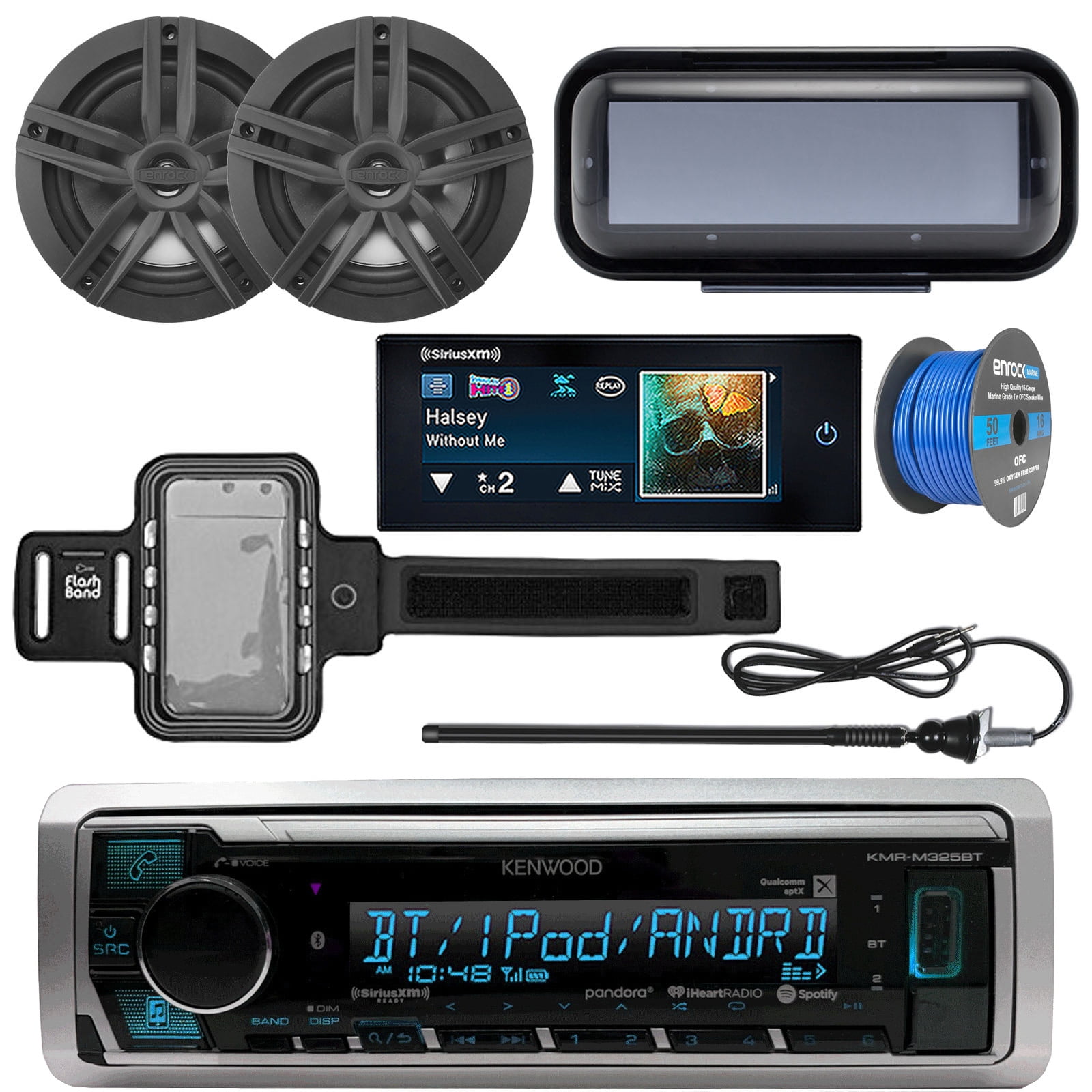 Kenwood Marine Bluetooth Receiver, Single DIN Radio Cover, 2x Enrock