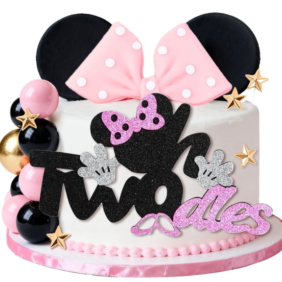 2nd Birthday Cake Decorations Set - Pink Black Glitter Bow & Ears Theme Party Supplies