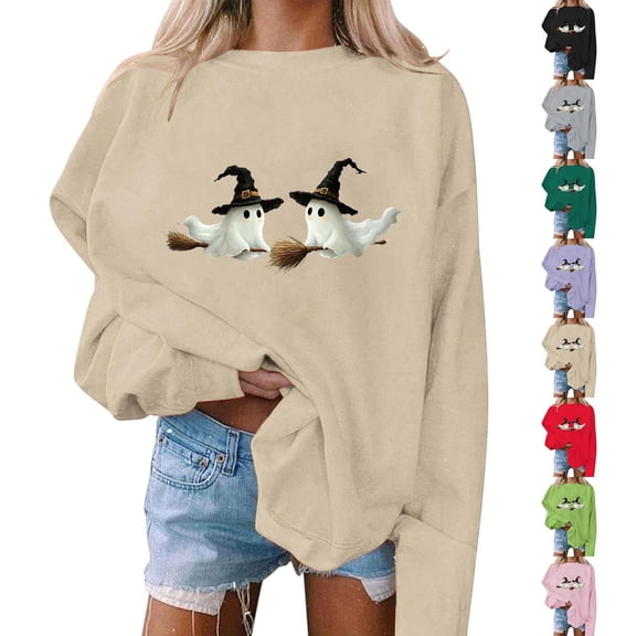 Wiyuqeen Halloween Ghost Sweatshirts for Women Round Neck Long Sleeve Casaul Loose Pullover Lightweight Gnome Graphic Sweat Shirts