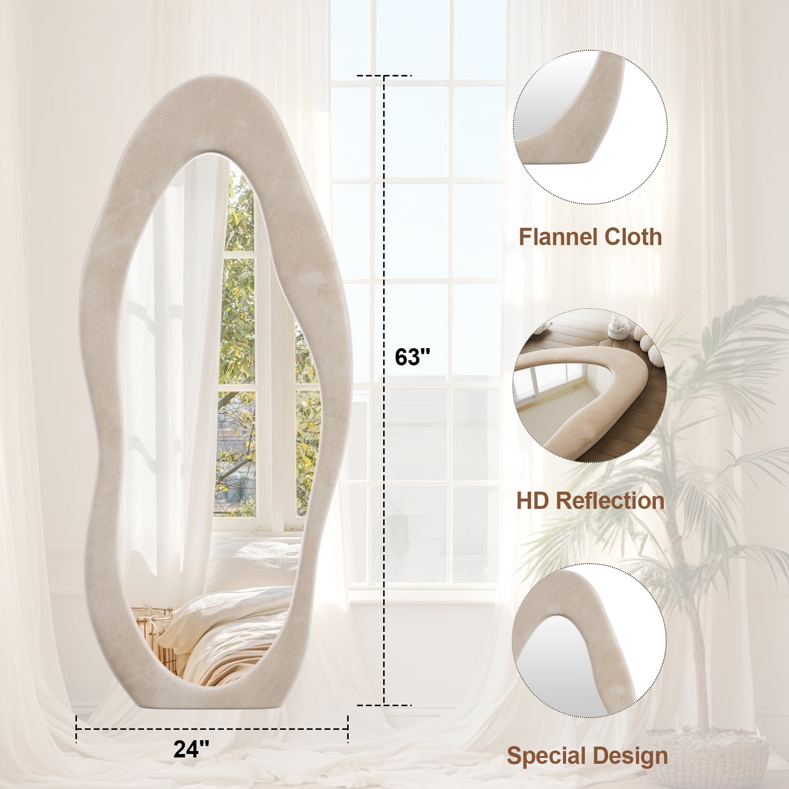 Anyrose 63"x24" Full Length Mirror Irregular Cloud Floor Mirror With Flannel Frame, White
