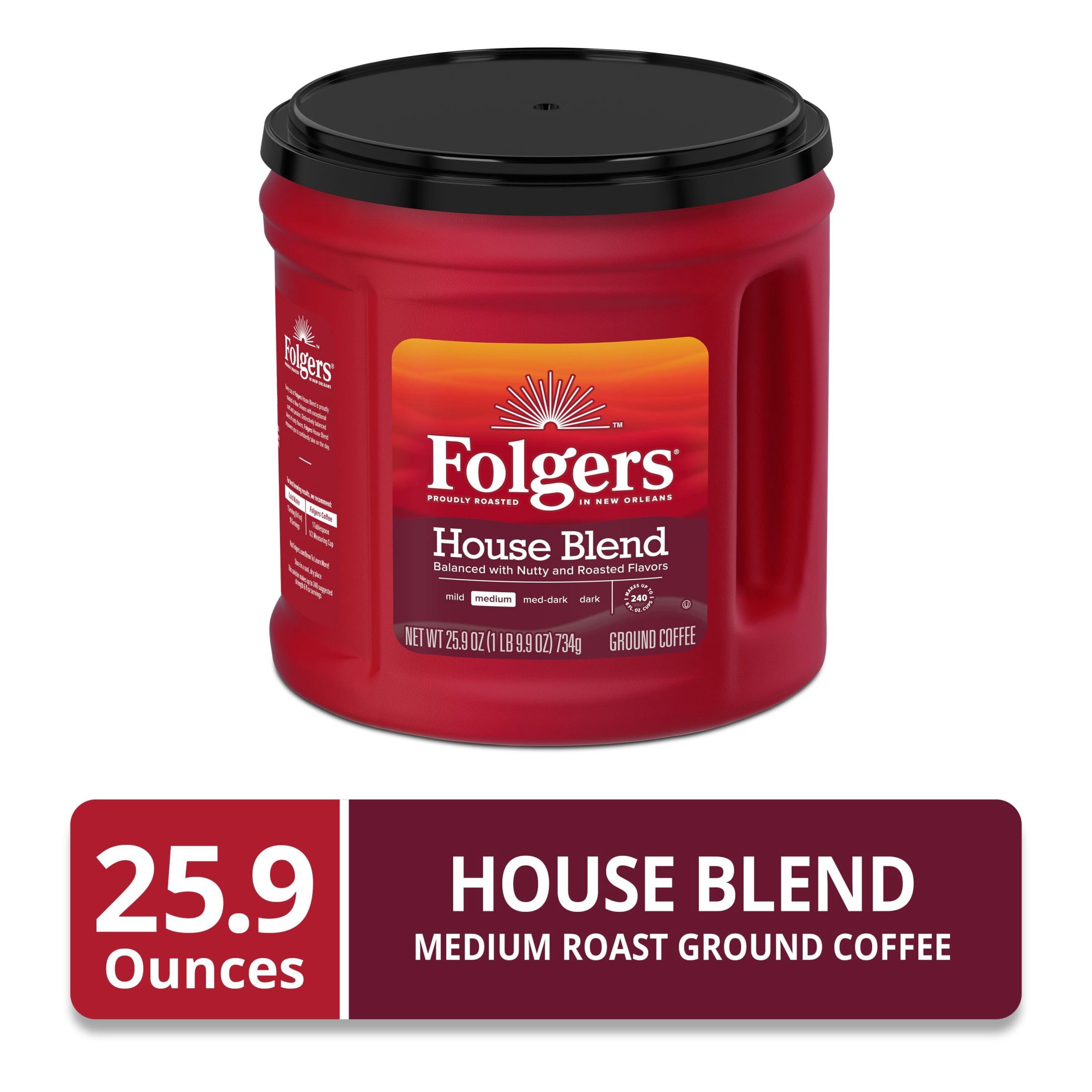 Folgers House Blend Ground Coffee, Medium Roast, 25.9 oz Canister