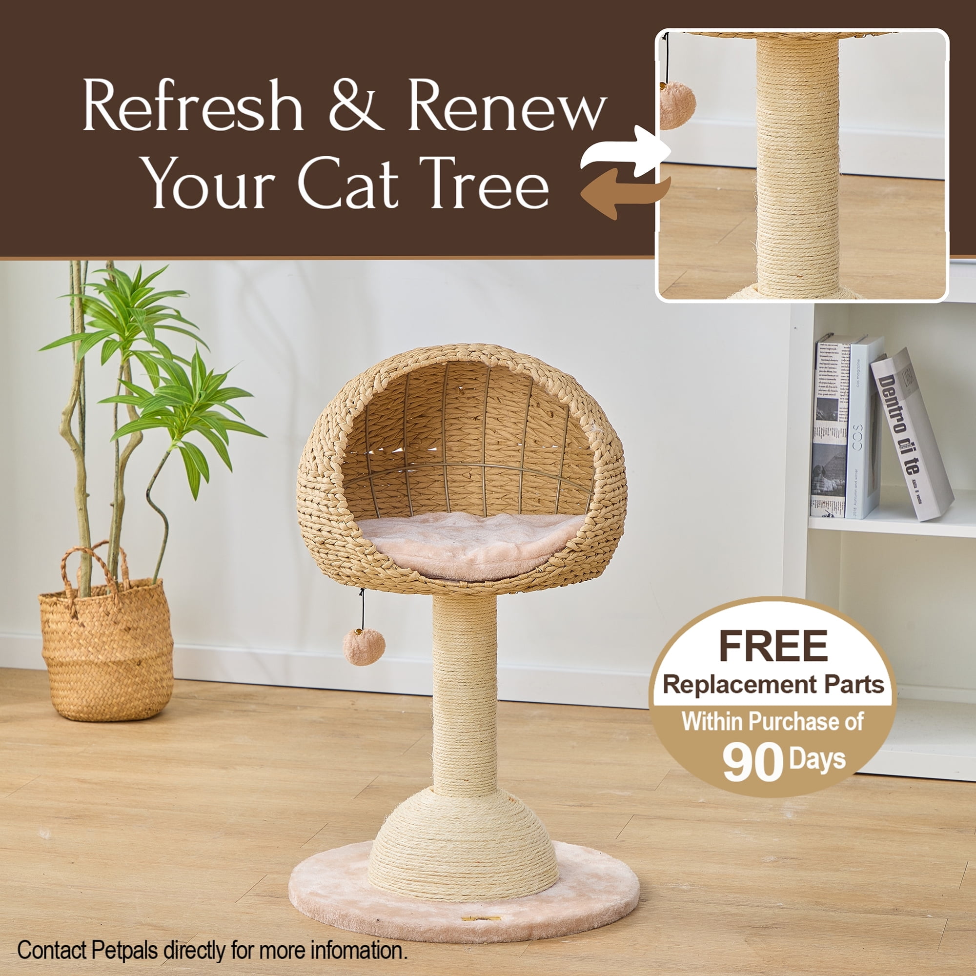Petpals 29"High 2-Lvl Handwoven Paper Rope Hoodie Cat Basket Bed with Sisal Scratching Post, Beige