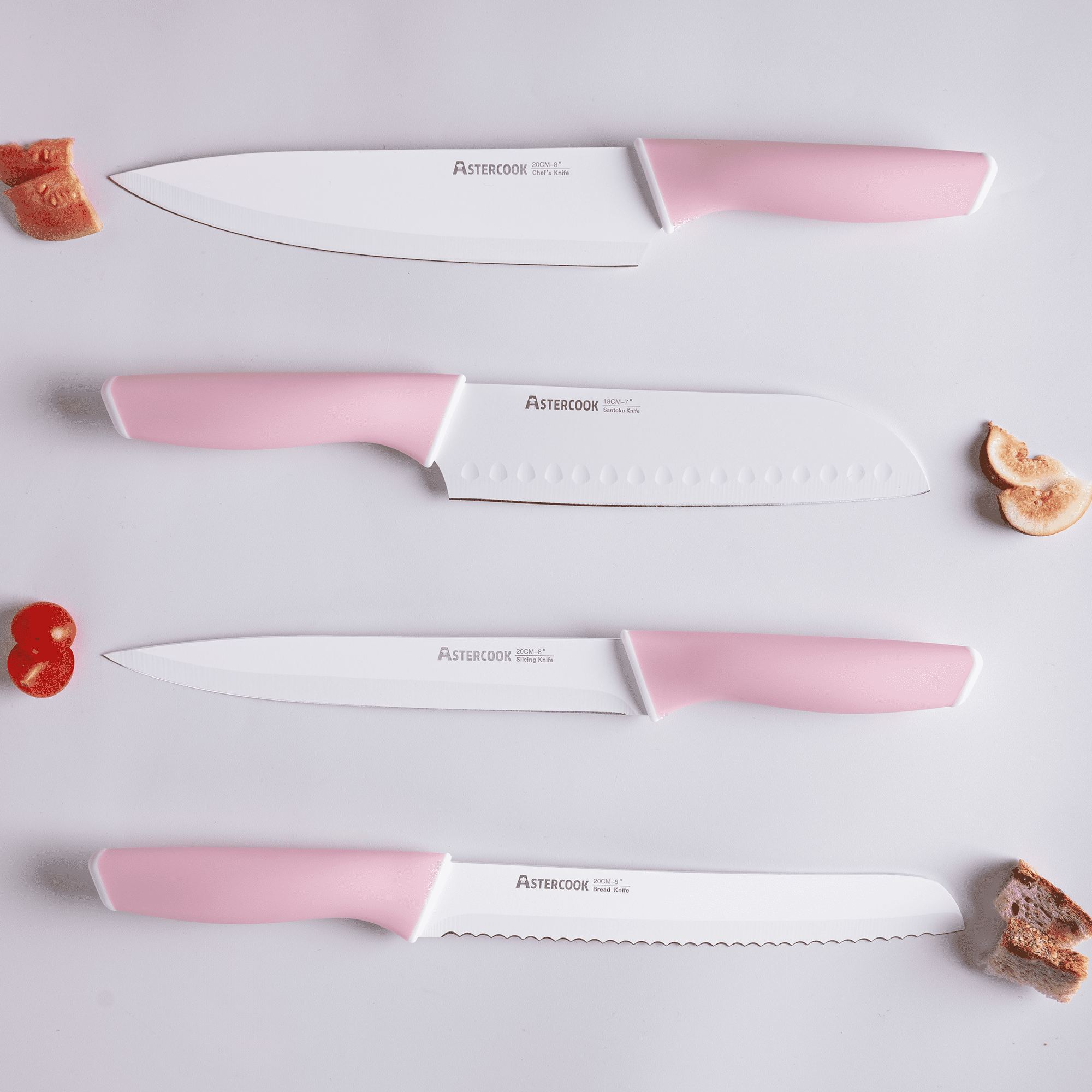 Astercook Knife Set, 14 Pieces Kitchen Knives Set with Healthy Anti-Rust Coating, Stainless Steel Knife Sets with Built-in Sharpener, Sharp & Rust Resistant Dishwasher Safe Pink