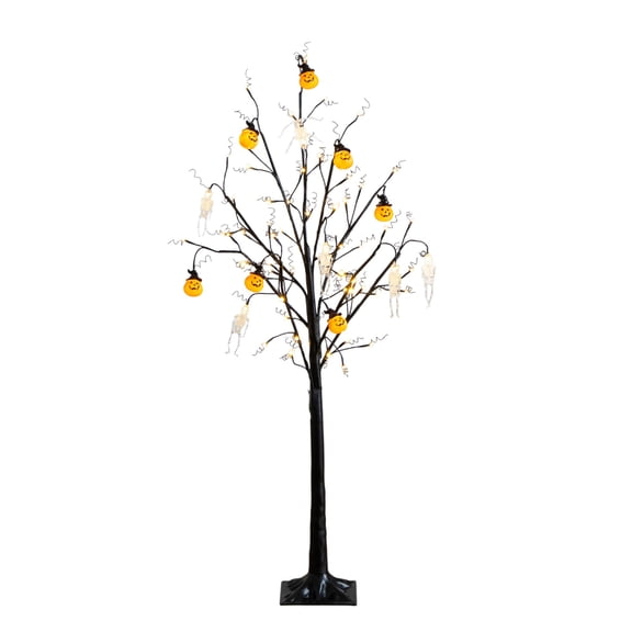 Nearly Natural Pre-Lit Halloween Skulls and Pumpkins Artificial Twig Tree - 5' - LED Lights