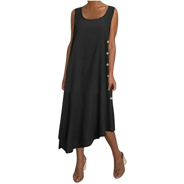 QIPOPIQ Robe d'Été 2024 pour Femme Nouvelle Robe Soleil Coton Lin Couleur Unie Bouton Robe Évasée Irrégulière Jupe Longue Liquidation