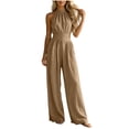 thumbnail image 2 of ClodeEU Women's Halter Neck Sleeveless Wide Leg Jumpsuit,Smocked Waist Casual Romper Brown,Women's Plus S, 2 of 7