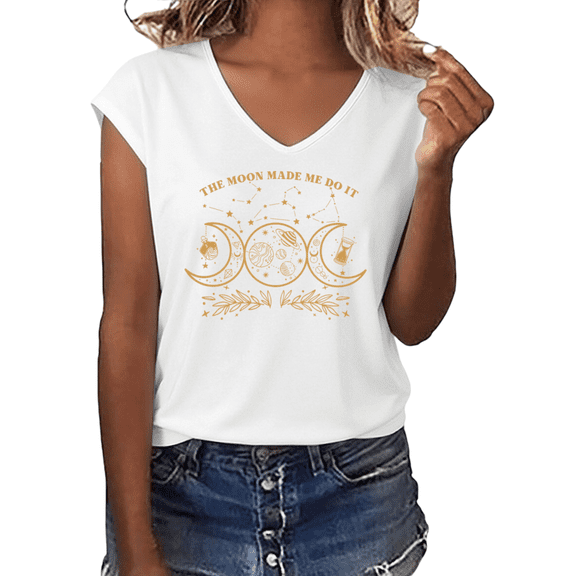 UNISHE Women's The Moon Made Me Do It Astrology Moon Phase Graphic V-Neck Short Sleeve T-Shirt Casual Witchy Tee