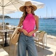 thumbnail image 2 of TEAJOPSUU Womens Summer Tank Tops Loose Fit Mock Neck Halter Sleeveless Shirts Solid Color Casual Comfy Blouses for Everyday Office Wear B-Hot Pink, 2 of 8