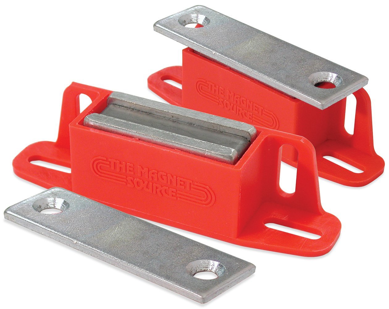 Master Magnetics 07502X2 Magnet Catch, Universal Latch with Strike-Plate, 2-Way Mounting Red, 4.25' Length, 0.938' Width, 1.125' Height, 50 Pounds Pack of 2