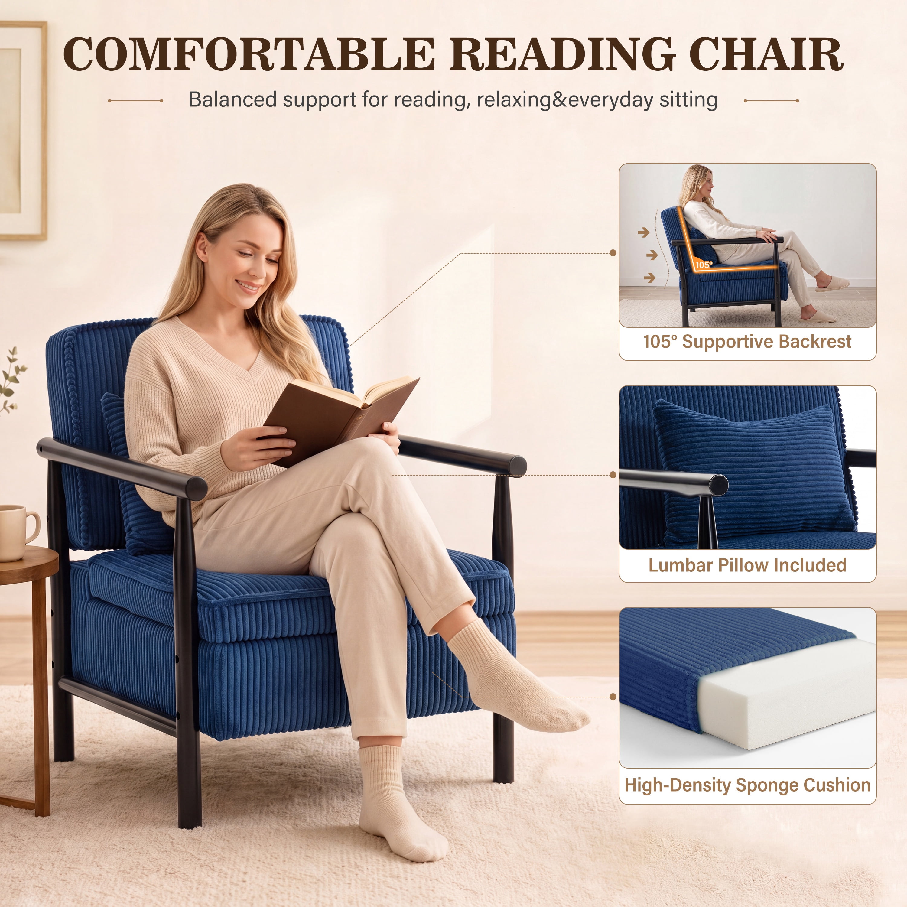 Accent Chair with Hidden Storage, LEGAHOME Antique Blue Modern Arm Chair for Living Room, Comfy Corduroy Reading Armchair for Bedroom, with Solid Wood Leg for 250lbs Weight Capacity