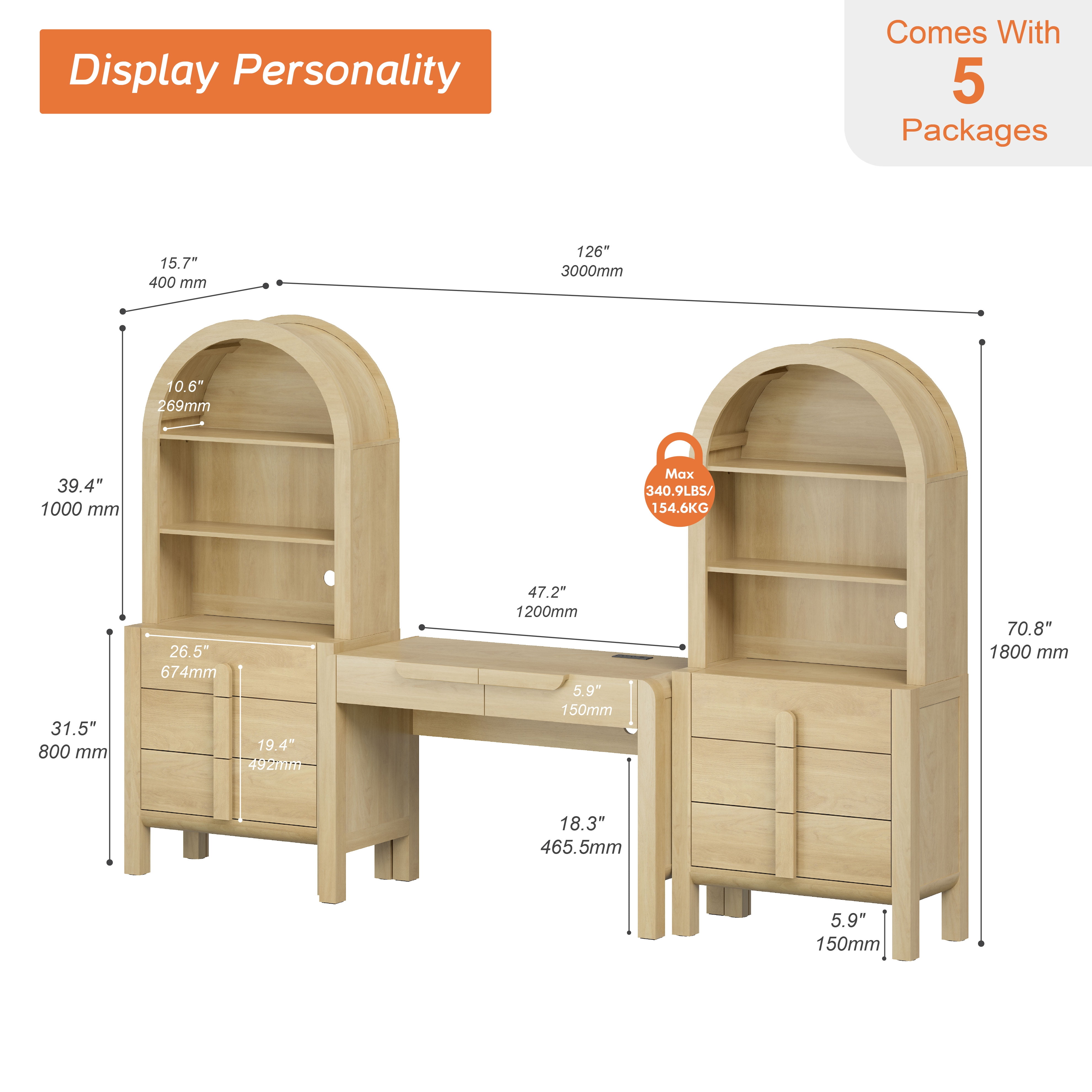 Home Office Set, 47" Modern Executive Desk with Charging Station and Drawers & 2 Piece 71"H Tall 3-Tier Arched Bookcases with Open Storage for Living Room, Bedroom, Home Office