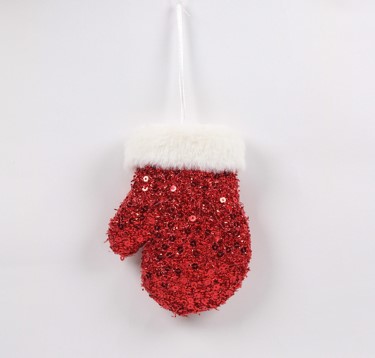 Sequined Winter Mitten with Plush Trim Christmas Ornament - 6" - Red