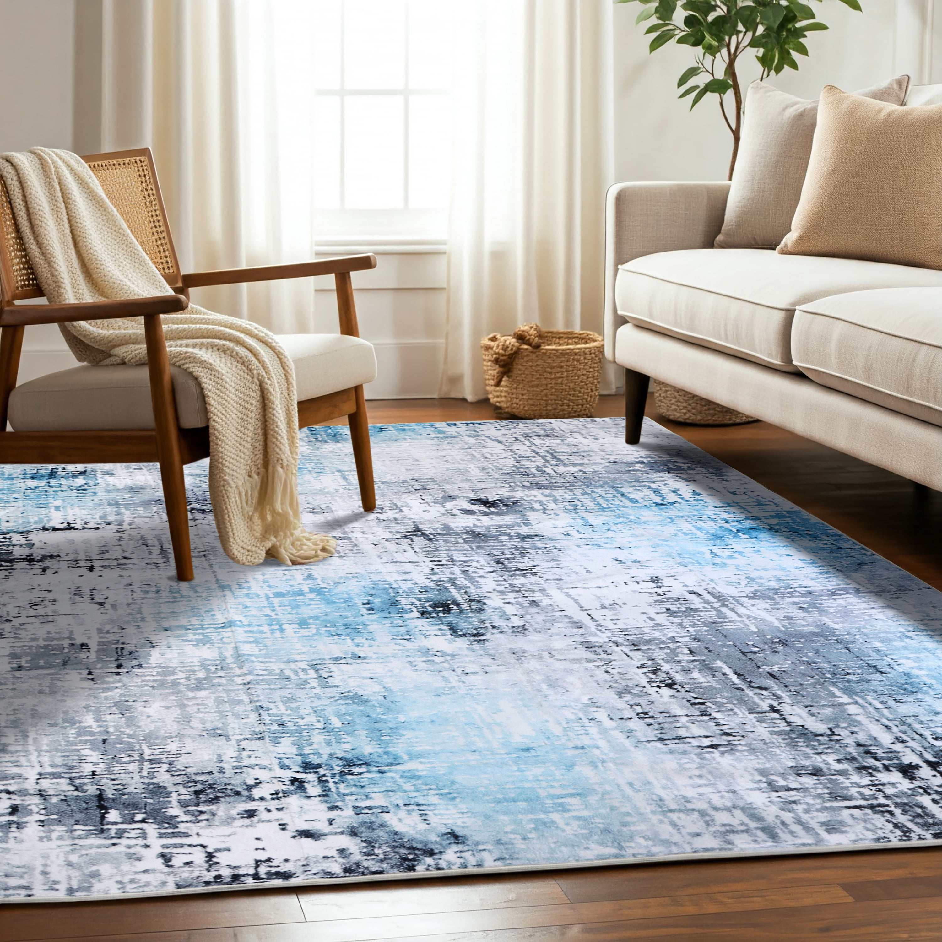 Delara 3'x5' Machine Washable Area Rug, Soft & Durable, Non-Slip, Stain Resistant, Frosted Azure, for Bedroom, Living & Dining Room