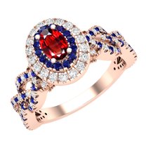 Dazzlingrock Collection 6X4mm Oval Garnet with Round Blue Sapphire & White Diamond Interweaving Double Halo Wedding Ring for Women in 10K Rose Gold, Size 7.5