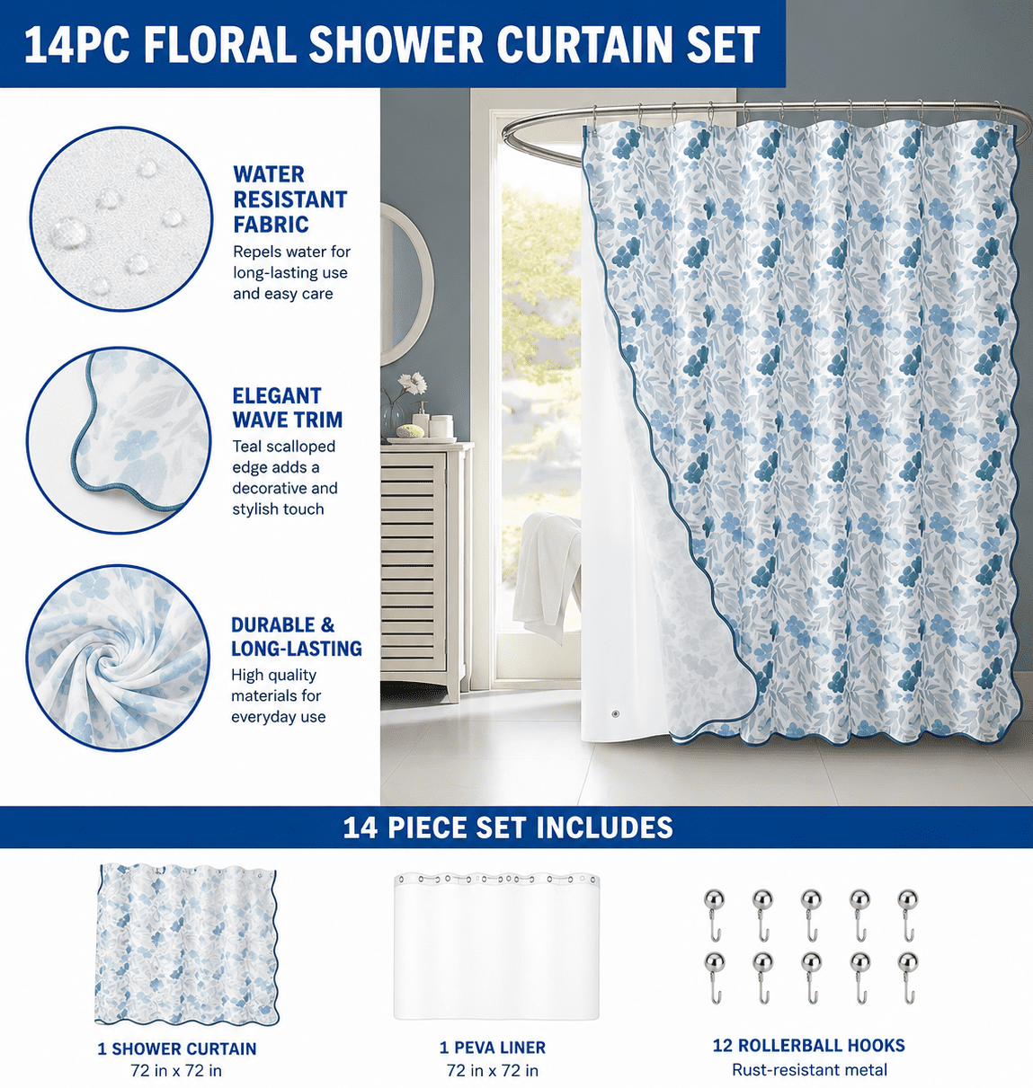 Mainstays 14 Piece Green and Blue Floral Scallop Shower Curtain Set – 72" x 72" Faux Linen Fabric, Waterproof PEVA Liner & Metal Hooks, Machine Washable