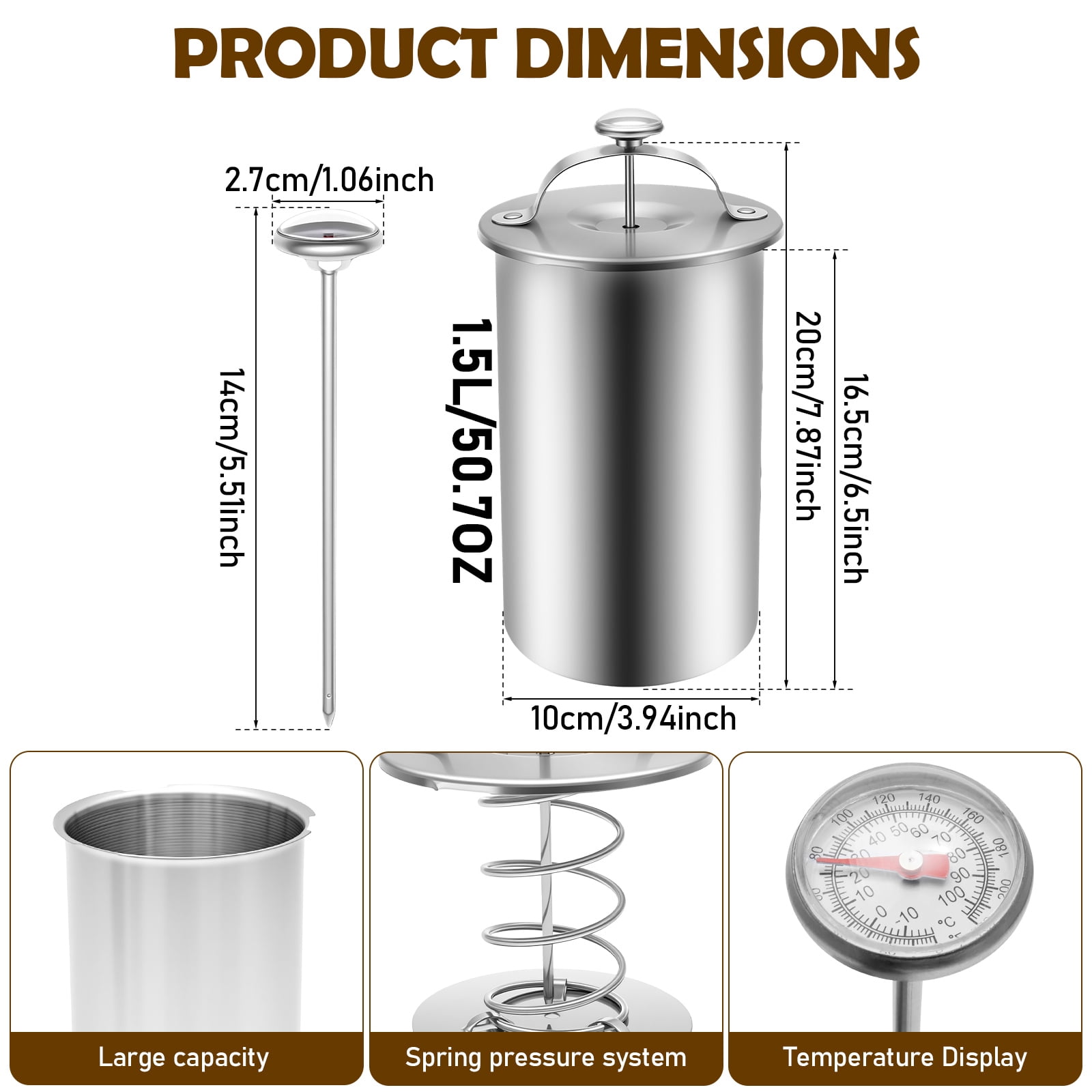Stainless Steel Meat Press with Thermometer Spring Durable Mechanism Meat Press Mold for Homemade Ham Maker for Healthy Home Cooking Beginner Friendly Silver