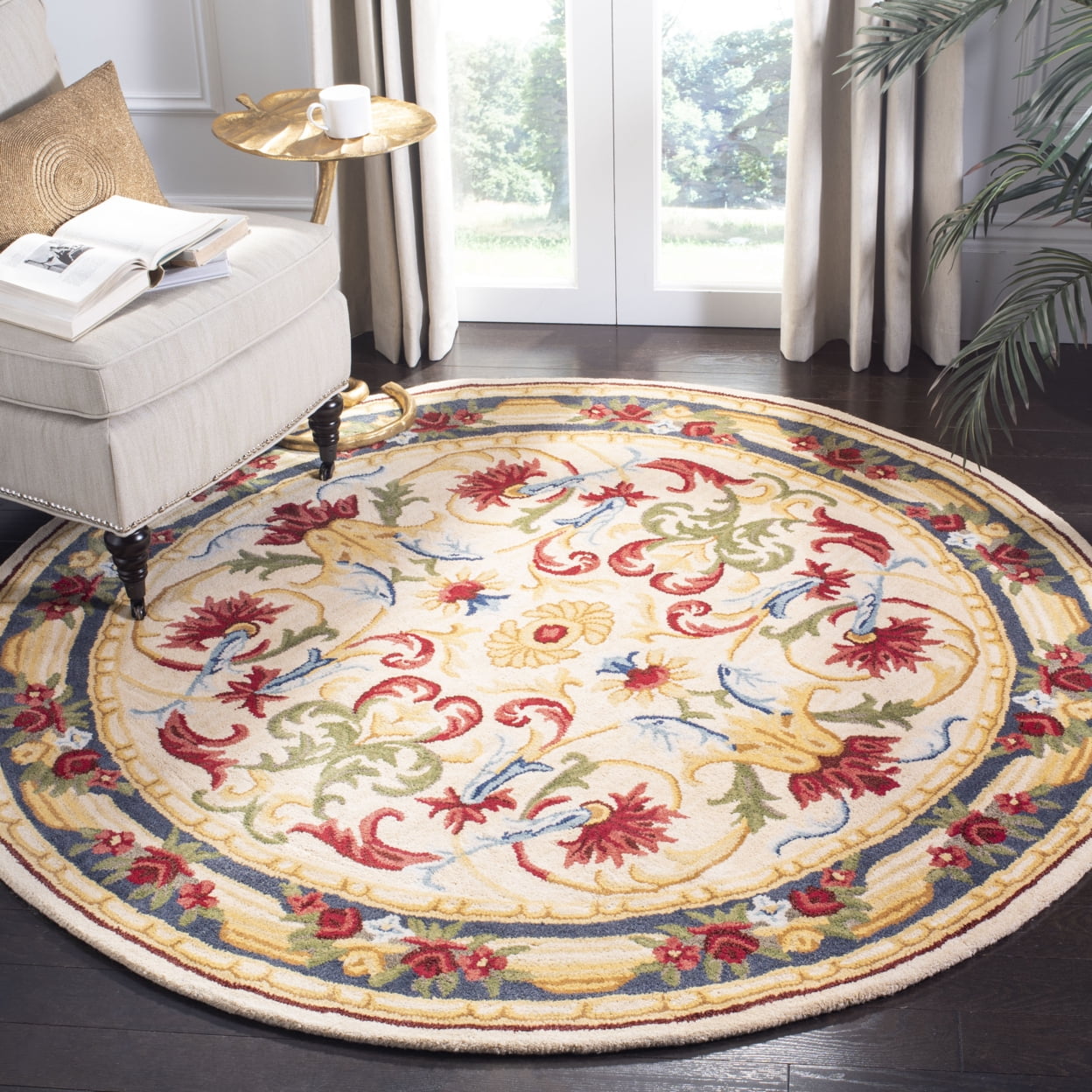 SAFAVIEH Blossom Lakisha Floral Bordered Wool Area Rug, Ivory/Green, 6' x 6' Round