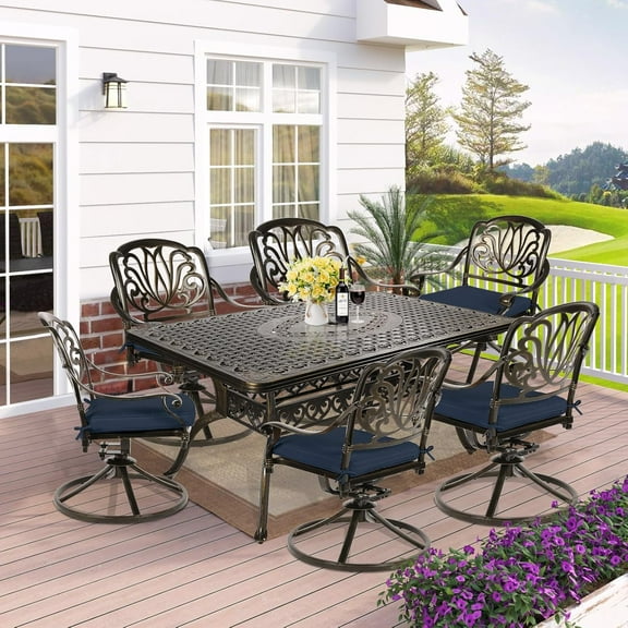 7-Piece Outdoor Patio Dining Set, 60" Rectangular Cast Aluminum Dining Table with Umbrella Hole and 6 Cushioned Swivel Rocker Chairs, Patio Funiture Set for Backyard, Patio, Garden, Navy