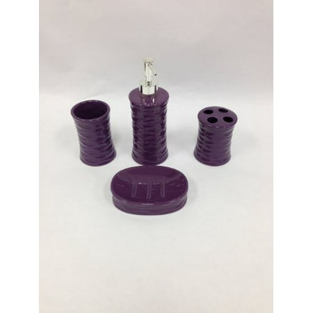 - 4 Piece Ceramic Bath Accessory Set: Soap Dispenser, Tumbler, Toothbrush Holder, Soap Dish (Purple)