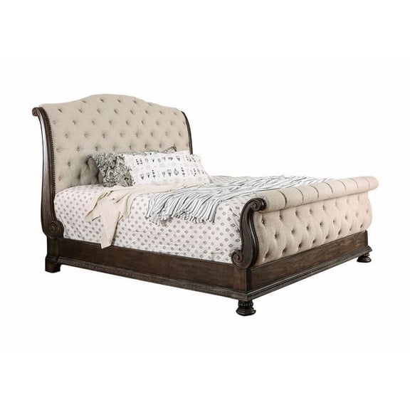 California King Bed with Sleigh Headboard and Footboard, Brown and Beige