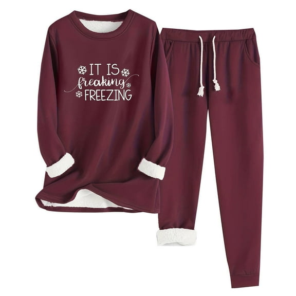 Bloomae 2PCS Outfits Womens Fleece Sherpa Lined Sweatsuits Funny Letters "It is Freaking Freezing" Printed Long Sleeve Crewneck Sweatshits & Sweat Pants Winter Warm Loungewear Tracksuit Set Wine L