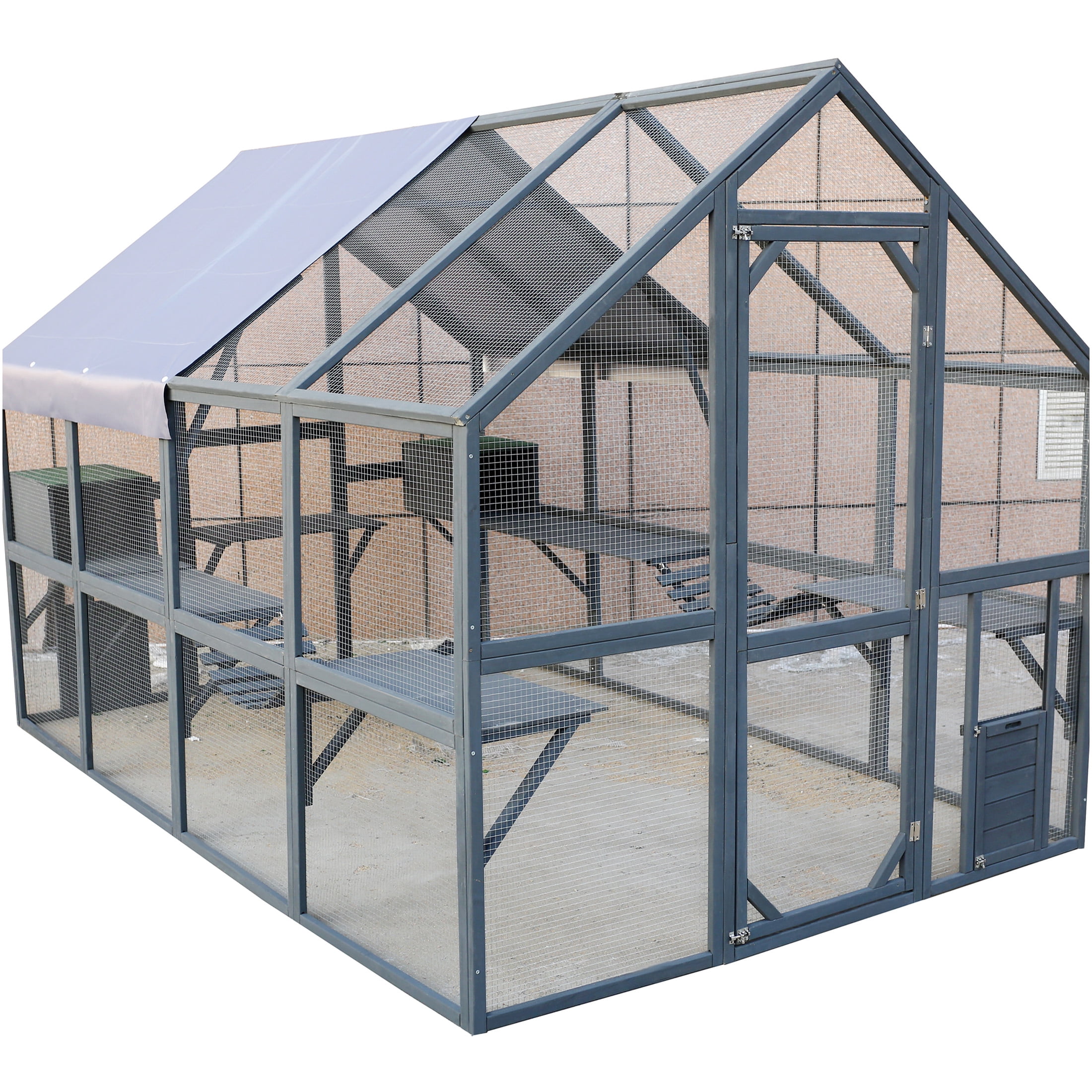 JERFIT Large 110" Outdoor Catio Enclosure with Roof, 2 Bridges & 2 Houses - Gray Wooden Cat Run for Indoor/Outdoor Cats