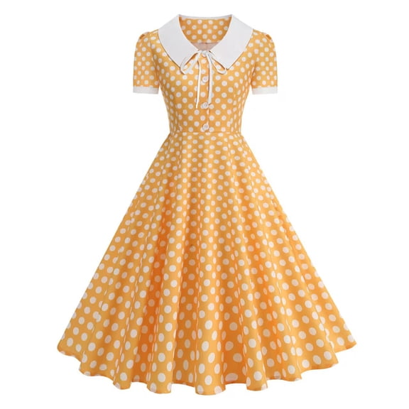 Bnwani Audrey Hepburn Style Dresses,Women's Dresses,Vintage,Peter Pan Collar,Polka Dot,Color Block,Yellow,XL