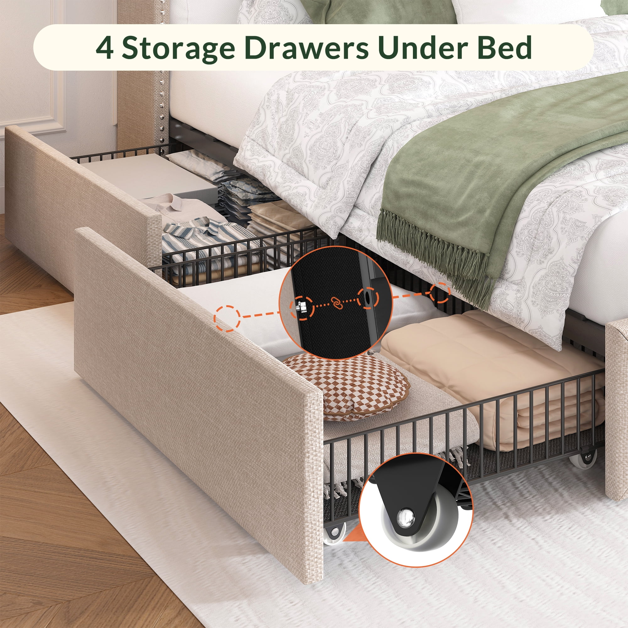 Queen Size Bed Frame with Storage Drawers and Tufted Headboard Velvet Upholstered Platform Bed Frame with LED Light Wingback, Beige