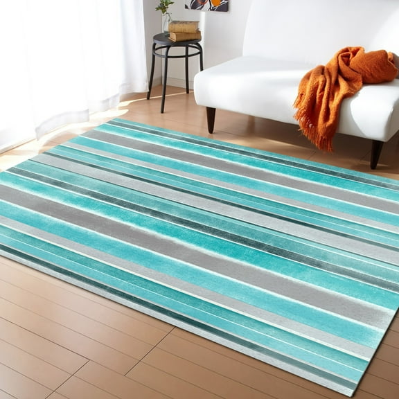 Striped Area Rug 4'x6' Teal Stripes Watercolor Northern Europe Style Washable Area Rugs Non Shedding Floor Carpet Rubber Backing Non-Slip Indoor Mats for Living Room Bedroom Kitchen