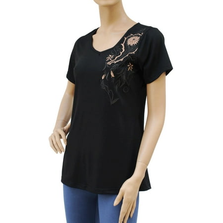 - Faship Womens Embroidered Embroidery Front & Back Stretch T-Shirt Top Tee Blouse
