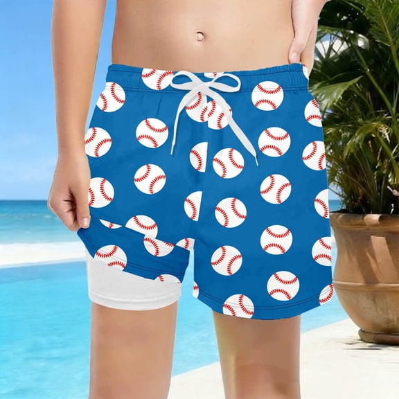 Baby Boy Swimsuit Mesh Quick Dry Baseball Print Board Shorts with Boxer Brief Liner Beach Vacation Boys Bathing Suit Blue 2 Years-3 Years