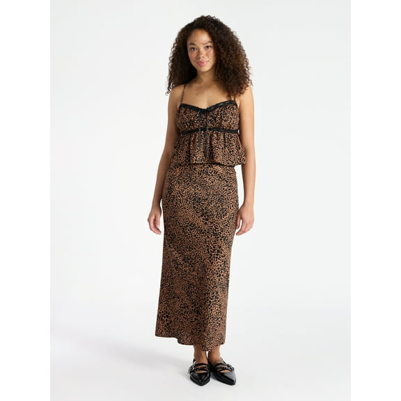 No Boundaries Satin Trim Cami and Maxi Skirt Set, 2-Piece, Women’s