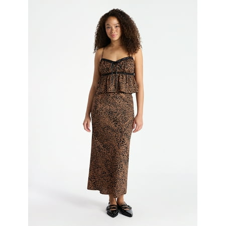No Boundaries Satin Trim Cami and Maxi Skirt Set, 2-Piece, Women’s
