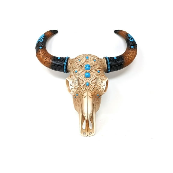 Tooled Leather Bull Skull with Turquoise Inlay | Hanging Western Wall Art | Rustic Southwestern Home Decor | Cowboy Decor | Boho Skull Sculpture | Animal Head Wall Mount