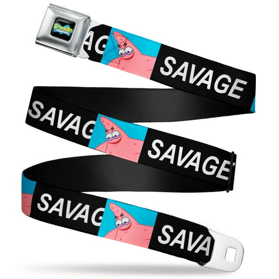 Nickelodeon Belt, Seatbelt Buckle Belt, SpongeBob Patrick Star Savage Pose Block Black Blue, 30 to 44 Inches
