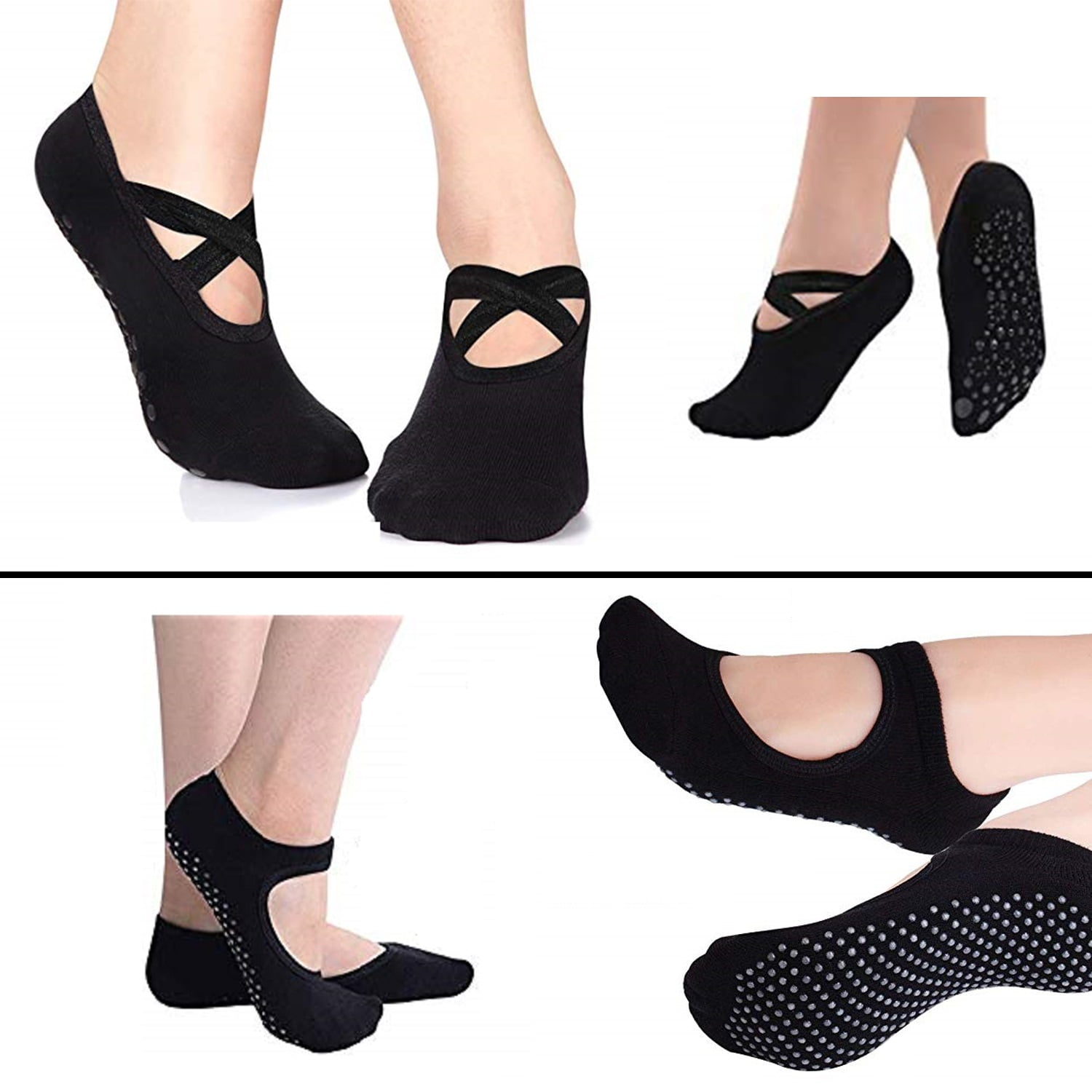 Black Non Slip Sock Bundle, 2 Styles, One Size, Pilates Strap Socks