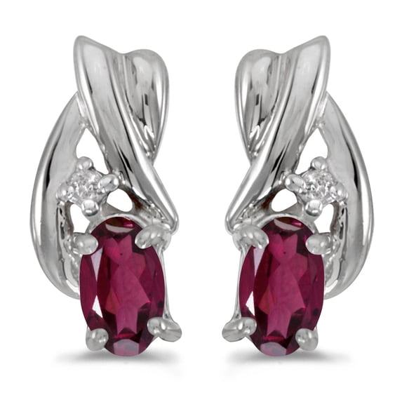 14k White Gold Oval Rhodolite Garnet And Diamond Earrings