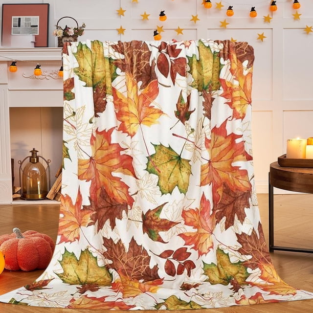 Oioii Fall Maple Leaf Throw Blanket Autumn Leaf Blanket Autumn Thanksgiving Decor Super Soft Flannel Throw Blanket Lightweight Fluffy Plush Fuzzy Bed Blanket for Bedding Sofa and Travel
