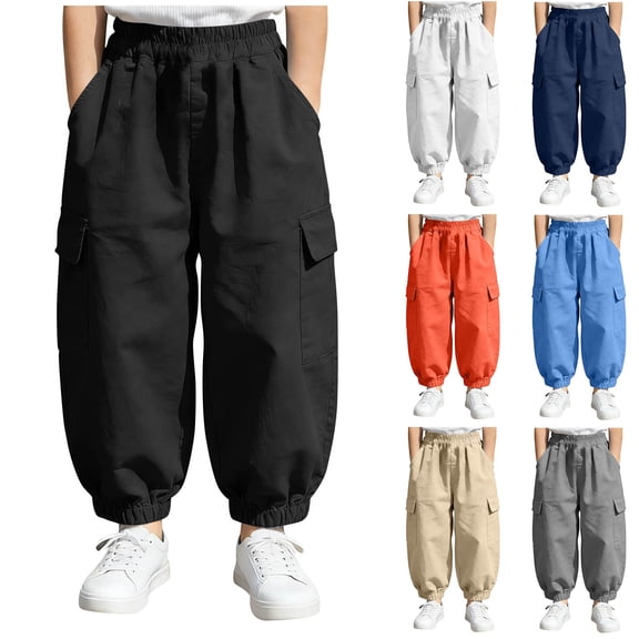 Fancifize Cotton Linen Cargo Pants for Boys Summer Loose Elastic Waist Harem Pants Kids Casual Trousers 7-16 Years